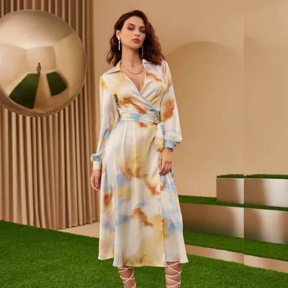 Shein | Silky Tie-Dye Wrap Dress - Picture 1 of 5